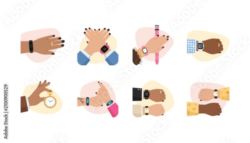 Fotografija Hands wearing various wristwatches and fitness trackers represent modern timekeeping and personal technology trends