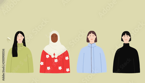 Fotografie Women with diverse appearances stand side by side as flat illustrations to represent multicultural unity and individual identity