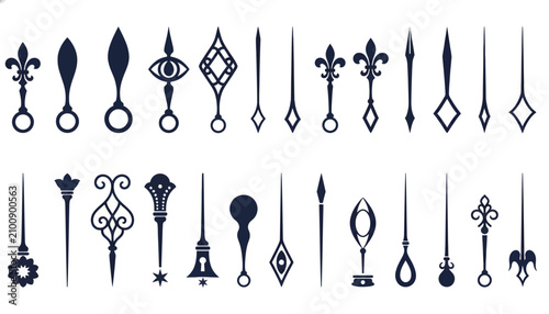 Foto Clock hands of different ornamental styles are arranged in a grid for horological design and technical reference