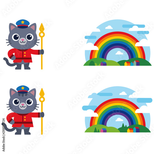 cute cartoon cat holding torch next to rainbow