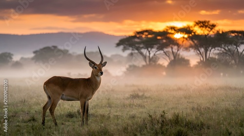 Majestic puku antelope standing peacefully in lush African grasslands during a misty savanna golden sunrise.