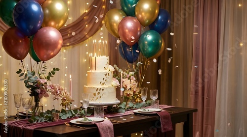 Elegant Birthday Cake Balloons Confetti Party Background