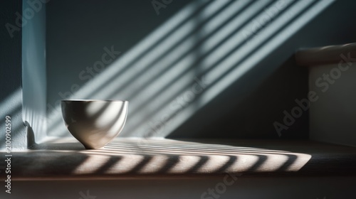 Minimalist Still Life with a Metal Cup and Dramatic Shadow Play in Natural Light