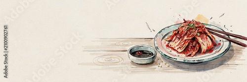 A national dish of Korean cuisine. 
Kimchi is a spicy fermented vegetable, most often Chinese cabbage. A banner with space for text.