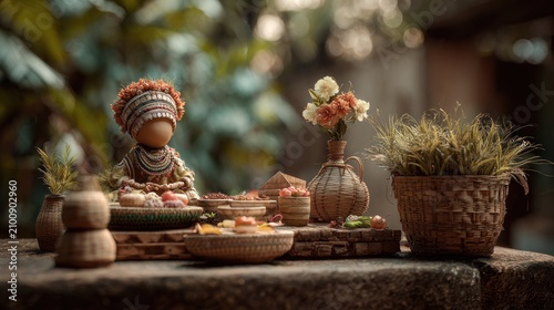 Traditional handcrafted doll with jewelry and natural decor in outdoor setting for cultural display