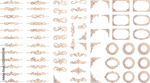 Konstfotografi Elegant gold flourish divider and corner border frame mega bundle featuring luxury baroque vignettes classic scroll ornaments and decorative vector labels