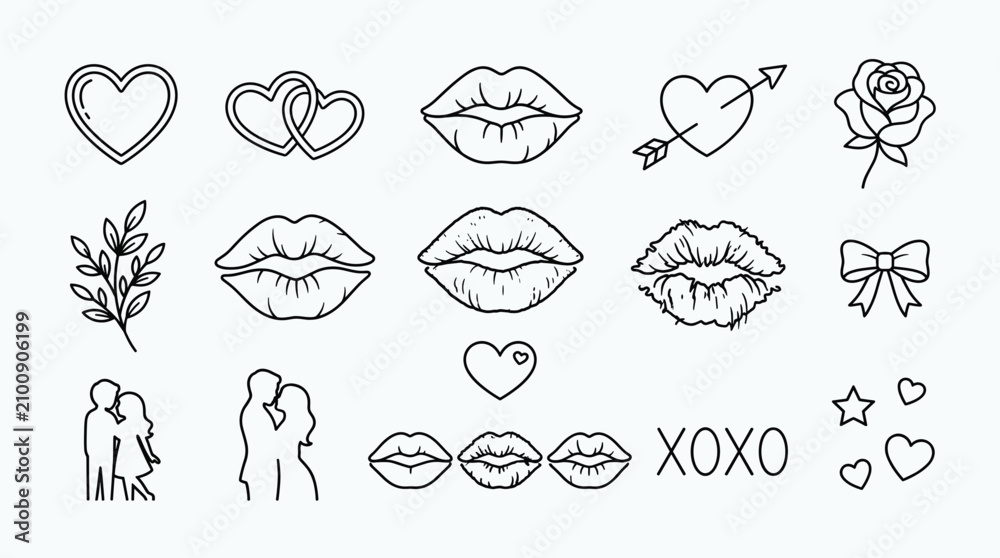 Obraz premium Bisous vector lineart lip icon set. Minimalist outline love collection with heart, romantic couple, rose flower, and cute bow graphic illustration for valentines day greeting.