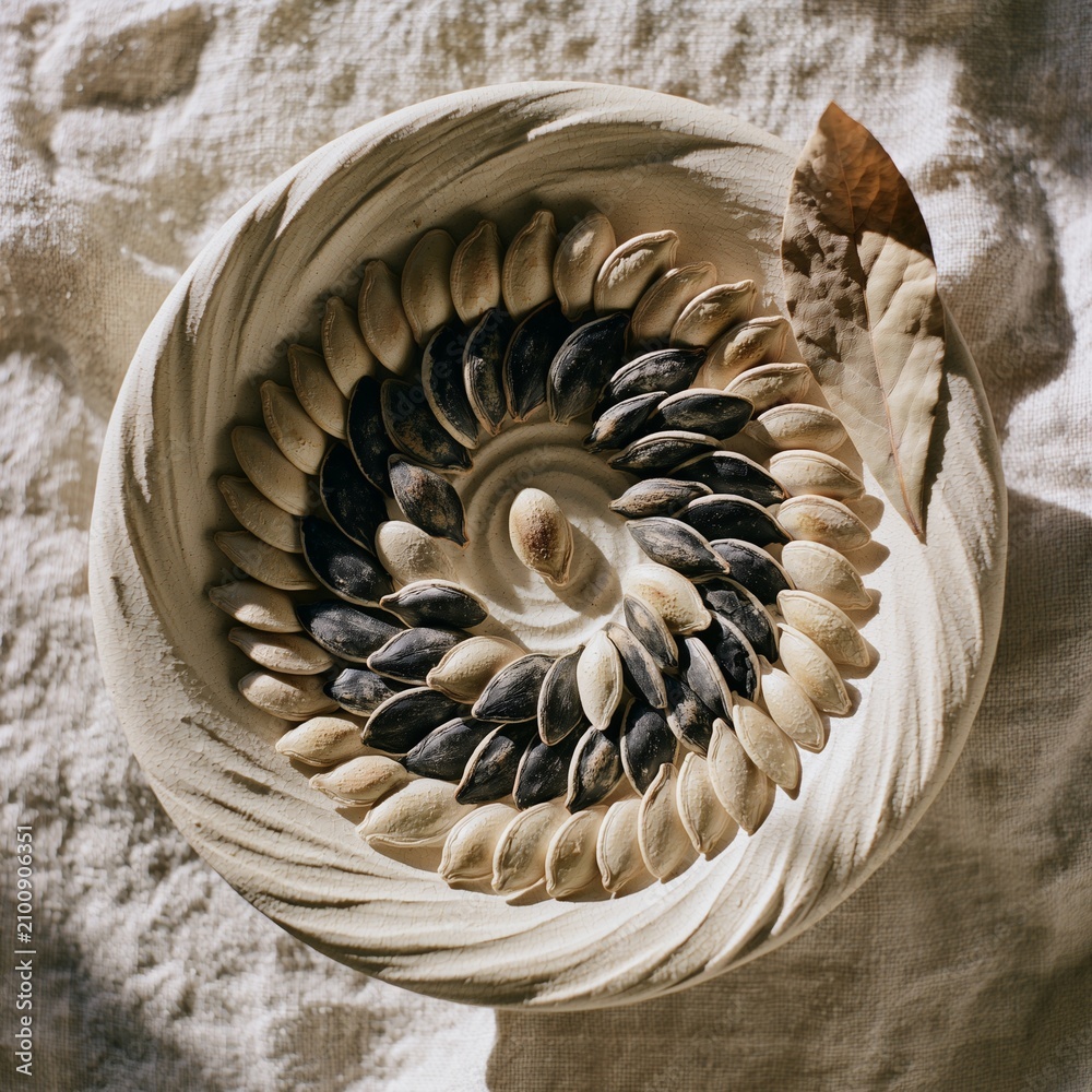 Obraz premium Toasted pumpkin seeds in radial spiral pattern in ceramic bowl with bay leaf