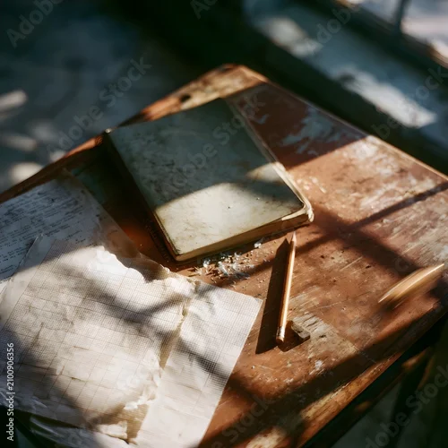 Obraz Overhead flat lay of school desk with rolling pencil and scattered papers