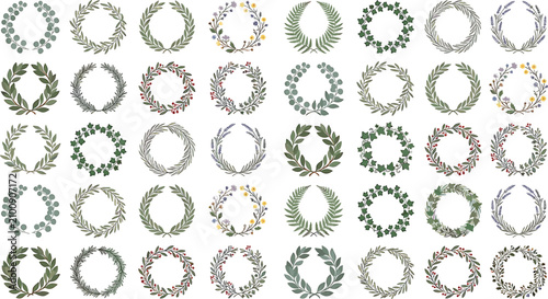 Tableau sur toile Decorative botanical wreath bundle with colorful wildflowers, green ivy borders, red berry accents, and elegant laurel frames for wedding invitations