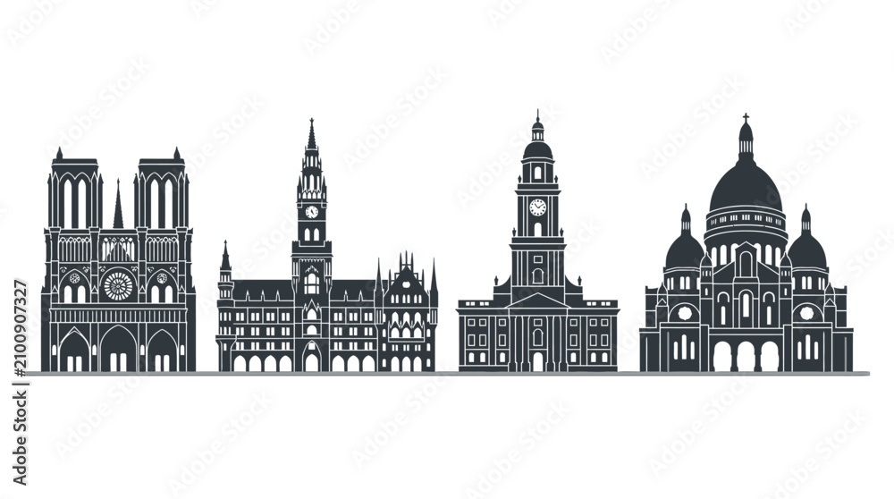 Fototapeta premium Detailed flat vector illustration of famous European historical landmarks arranged in a clean horizontal line