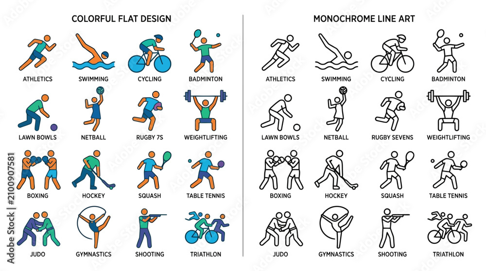 Obraz premium Colorful Flat Design & Monochrome Line Art Sports Icons Set