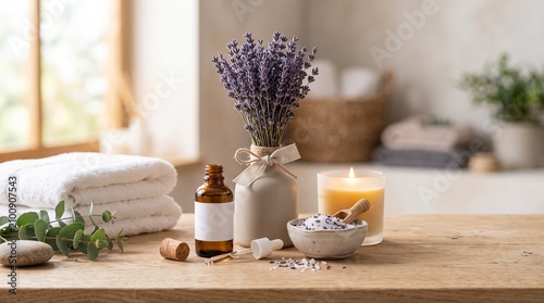 A tranquil spa scene featuring dried lavender, essential oil, aromatic bath salts, a lit candle, and white towels on a wooden surface.