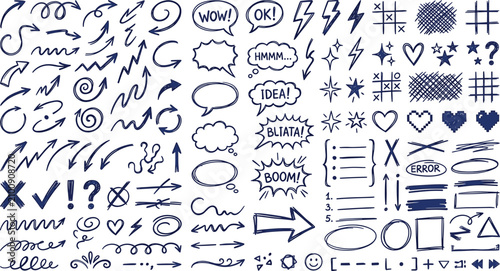 Foto Hand drawn blue pen doodle element set with arrows speech bubbles correction mar