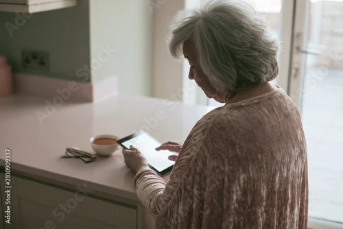 Obraz Over-the-shoulder view of woman with tablet at pale kitchen counter