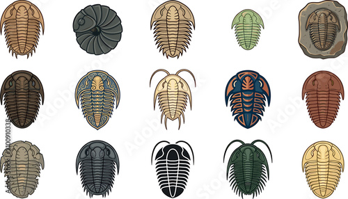 Foto Trilobite ancient fossil vector collection featuring colourful cambrian arthropo