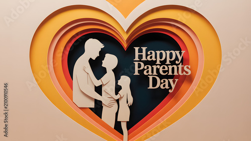Happy Parents Day celebration with family silhouette in heart shape. Emotional greeting card design featuring loving parents and children in warm g...