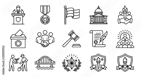 Set of Icons Representing Government, Law, Voting, and Civic Concepts