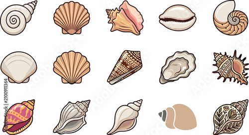 Tableau sur toile Seashell vector cartoon set featuring diverse marine shells scallop conch clam c