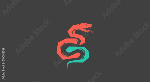 Stylized image of a snake in two colors, coiled against a dark gray background