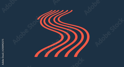 Abstract, stylized illustration features wavy, parallel lines in coral over a dark blue background