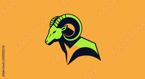 Vector graphic of a ram head in green and black, on an orange background