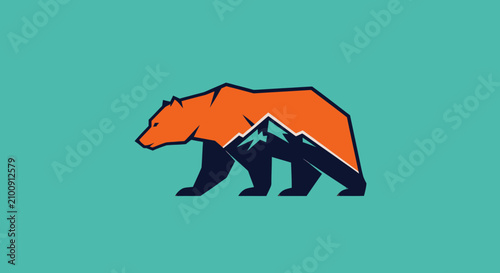 Stylized bear and mountain logo. Orange bear figure with a dark mountain range in silhouette. Turquoise background