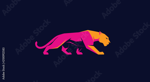 Bold geometric representation of a feline, shaded in pink and orange, prowling on dark blue