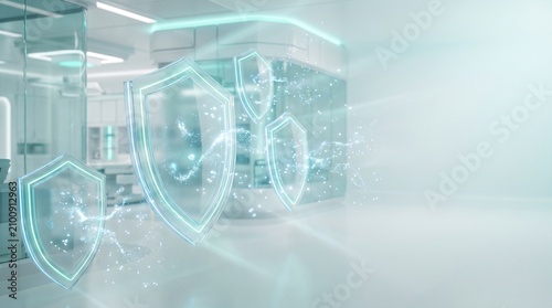 Glowing glass shield icons floating in futuristic white medical laboratory interior, representing immune system protection, healthcare security, virus defense, and medical technology concept