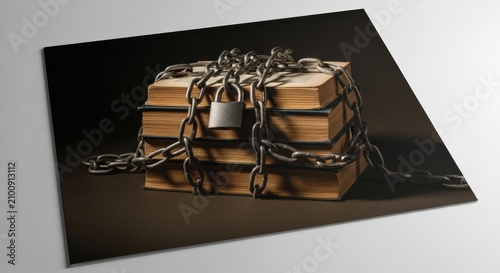 A stack of books wrapped in chains and padlocked on a surface.
