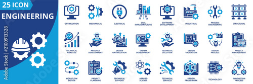 engineering icon set contains system optimization, mechanical, electrical, civil infrastructure, software development, industrial process, structural, technical analysis, product design, validation