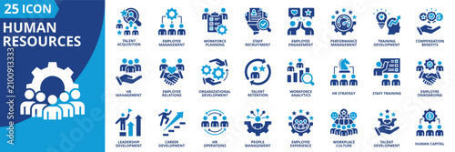 human resources icon set contains talent acquisition, employee management, workforce planning, staff recruitment, engagement, performance, training development, compensation benefits, leadership
