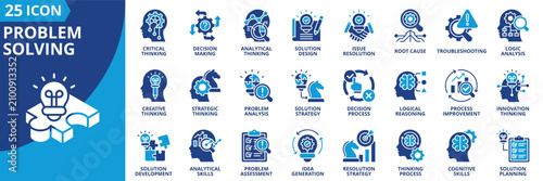 problem solving icon set contains critical thinking, decision making, analytical, solution design, issue resolution, root cause, troubleshooting, logic, analysis, creative, idea, strategic, problem