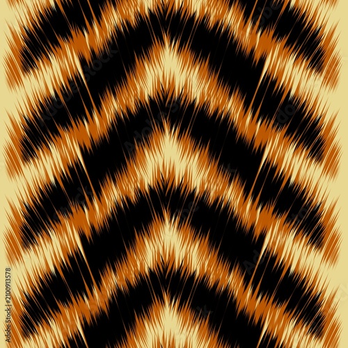 Photos ​Seamless Ikat Chevron Pattern in Black and Orange
​Modern ethnic textile design with orange, black, and beige zigzag geometric motifs