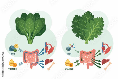 Spinach and kale nutritional infographic showing nutrient absorption
