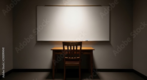 A chair sits at a desk under a spotlight in a dark room with a blank board