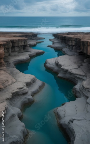 Dramatic winding river canyon with vibrant turquoise water flowing towards a vast ocean under an overcast sky