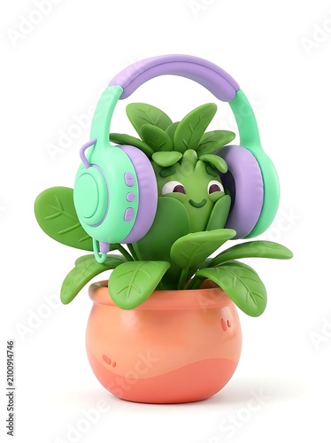 Cute plant character wearing headphones in a pot