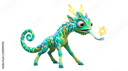 Colorful electric chameleon creature character with lightning bolts