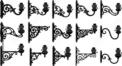 Schilderij op canvas Vintage wrought iron wall sconce silhouette set antique gas lantern lamp bracket