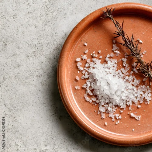 Obraz Raw sea salt crystals with dried rosemary on terracotta dish