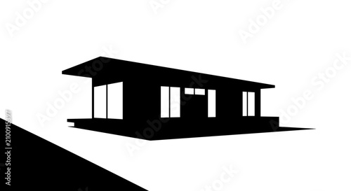 Modern house silhouette with large windows.