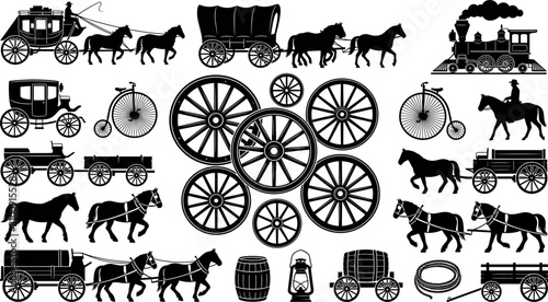 Tableau sur toile Vintage nineteenth century transportation silhouettes bundle featuring horse dra