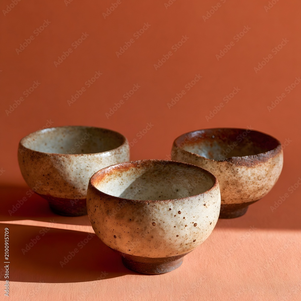 Fototapeta premium Handmade stoneware bowls with a chipped rim on terracotta