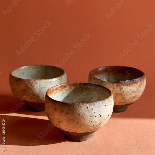 Handmade stoneware bowls with a chipped rim on terracotta
