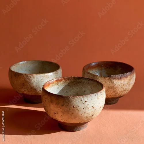 Obraz Handmade stoneware bowls with a chipped rim on terracotta