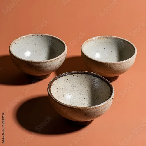 Obraz Overhead view of handmade ceramic bowls with visible chip