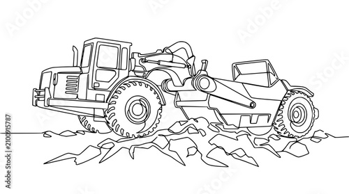 Fotografia Heavy Construction Scraper Machine Working on Rough Terrain, Outline Drawing