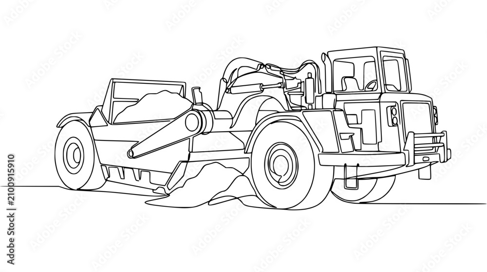 Fototapeta premium Continuous line drawing of a motor scraper earthmover, isolated on white background.