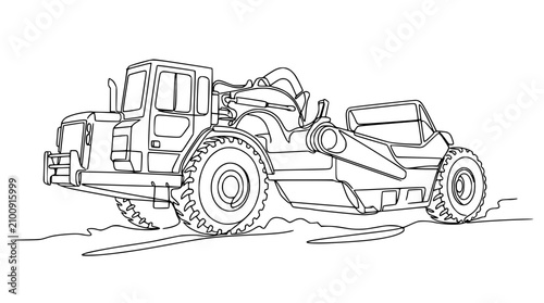 Картината върху платно Outline drawing of a construction scraper vehicle, industrial machinery, heavy e
